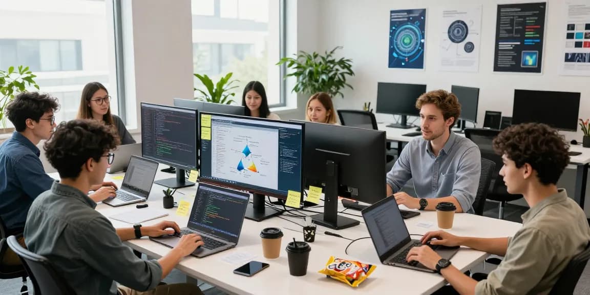 Developers collaborating on large language models in a vibrant tech workspace.