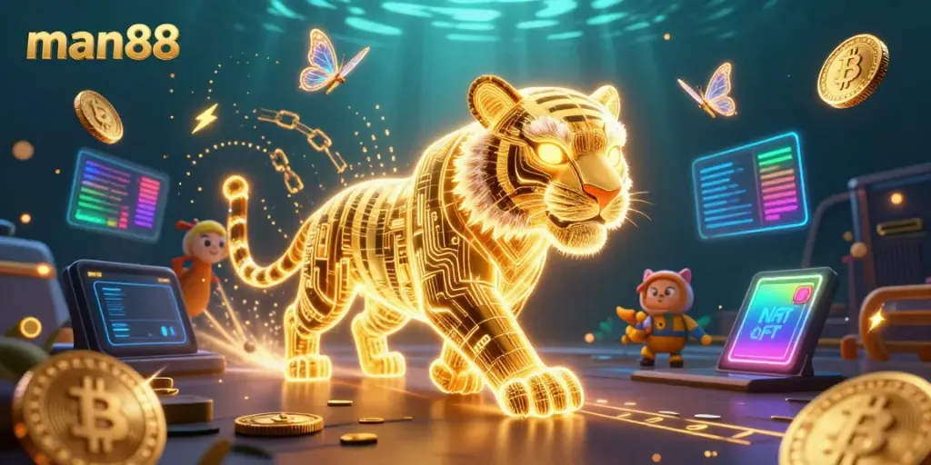 Experience the thrilling action at man88 with a digital casino scene featuring a neon golden tiger among crypto elements.
