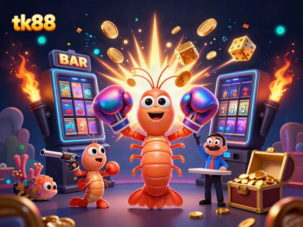 Embark on thrilling gaming adventures with tk88, showcasing vibrant casino elements and our heroic shrimp duo.