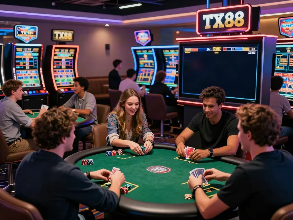 Exciting TX 88 online gaming platform showcasing diverse players at an immersive casino lounge.