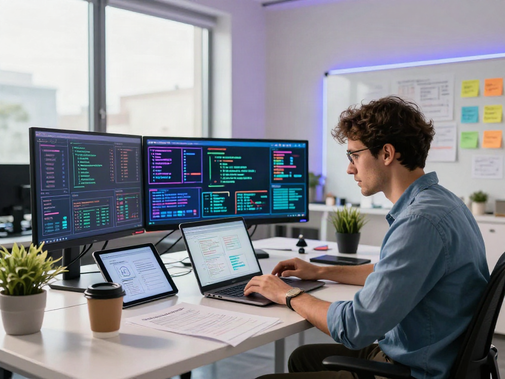 Data scientist analyzing algorithms for spicy ai in a vibrant tech workspace with multiple screens and creative elements.