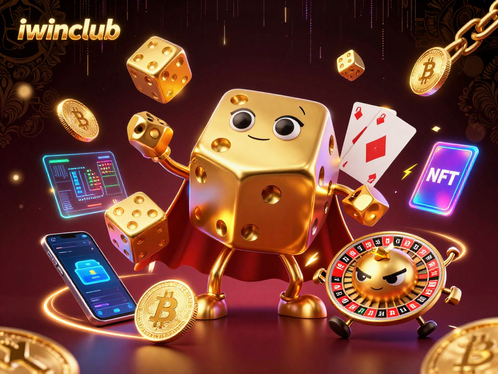 Engage with iwinclub in this lively scene featuring golden dice and crypto elements.