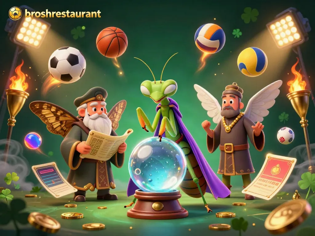 Experience thrilling wins at broshrestaurant with a vibrant scene of animated fortune tellers and dynamic sports elements.
