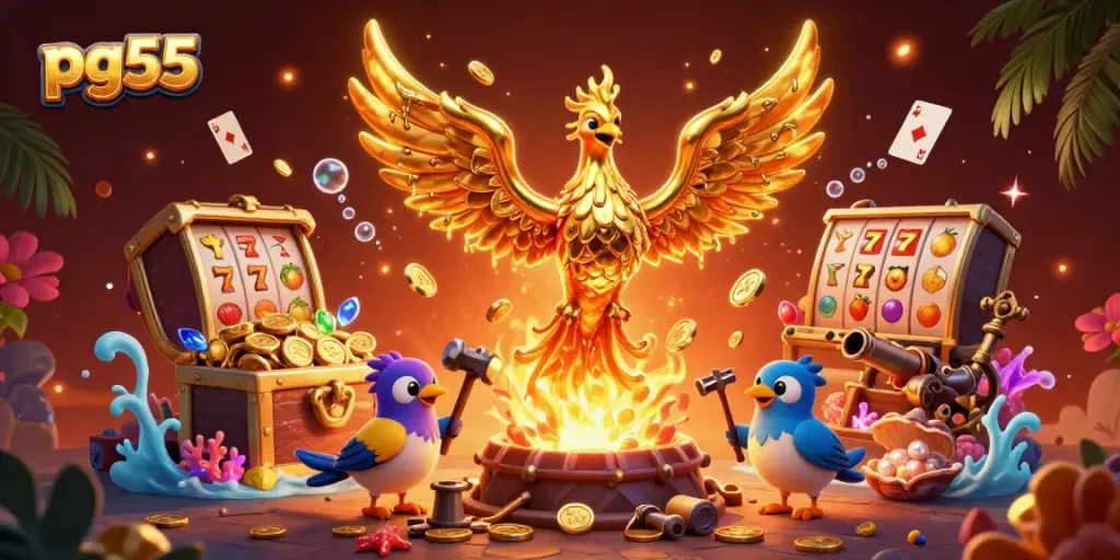 Experience thrilling gameplay at pg55 with a molten metal phoenix and dynamic casino elements.