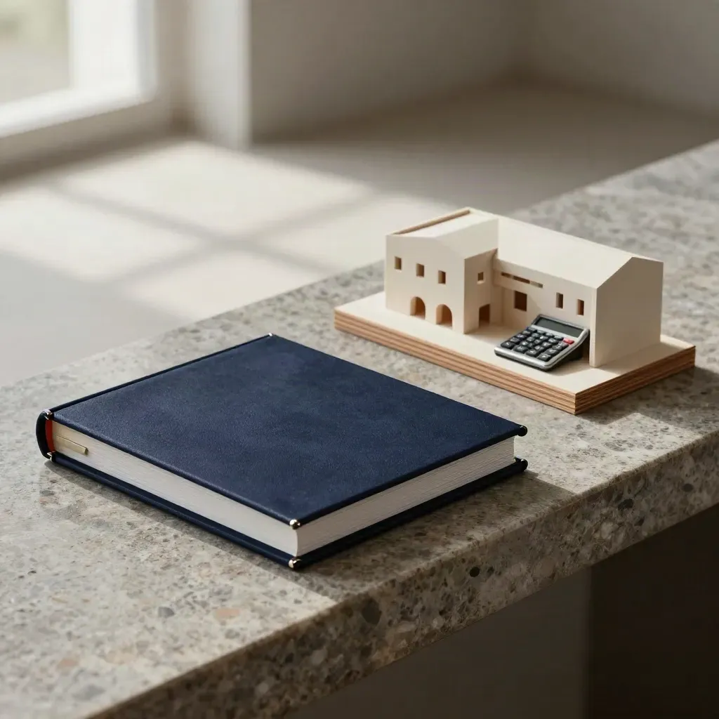 Closed investor pack beside a scale model and calculator on a stone ledge in soft daylight