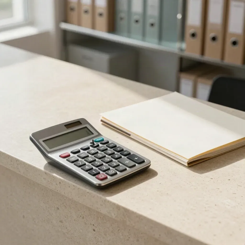 Travertine finance counter with calculator, slider and asset finance folder in warm window light