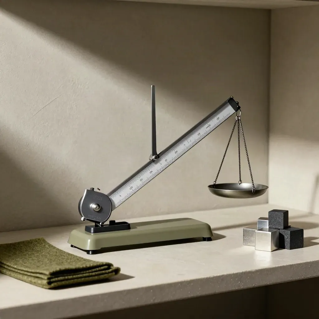 Precision scale, graphite binder and valuation cubes in a moody finance archive