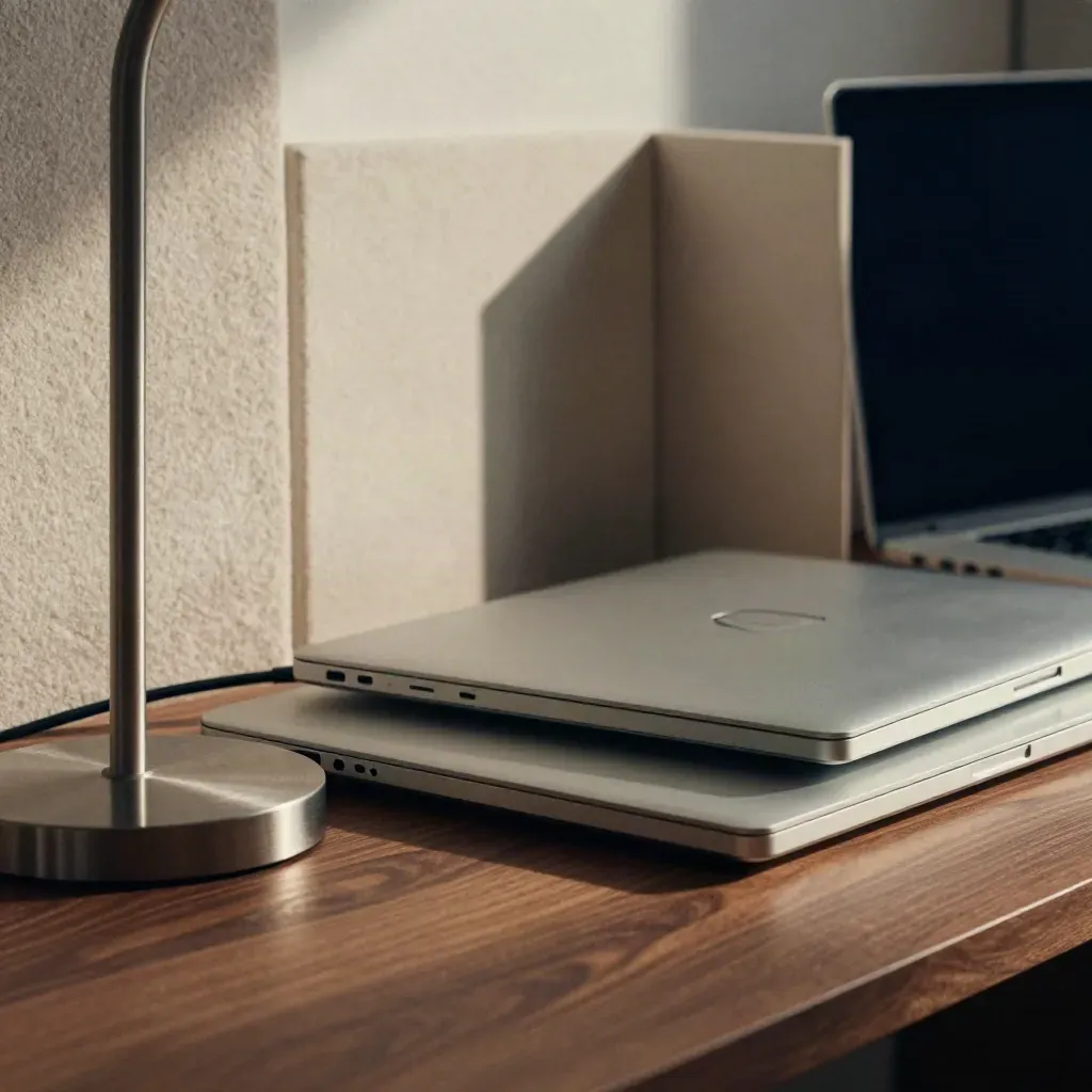 Closed laptops and acoustic panels in a finished SaaS studio lit by late afternoon light.