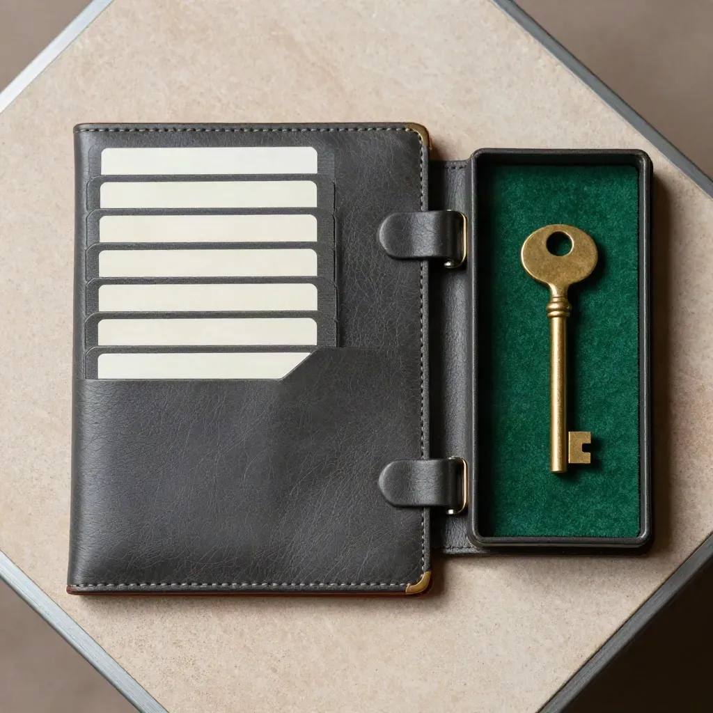 Overhead sealed archive case, brass key, and blank tabs on an emerald felt tray.