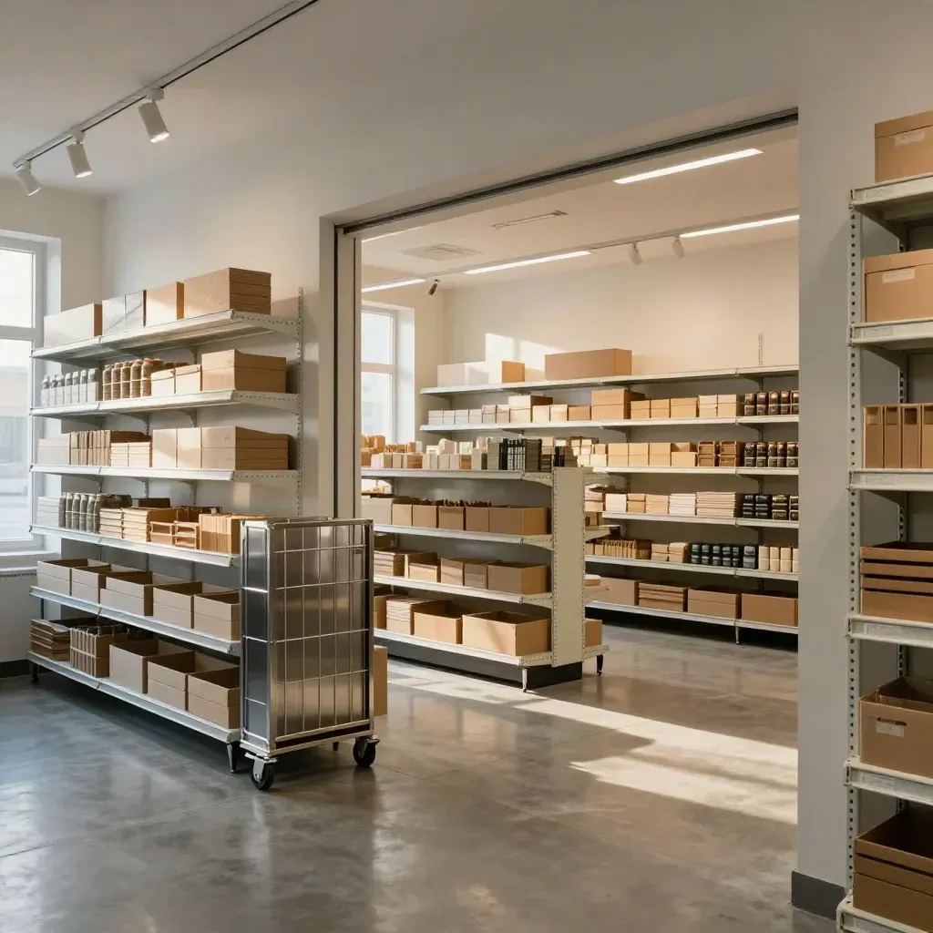 Two stocked retail units ready to open, with cages, shelving and warm shop lights.
