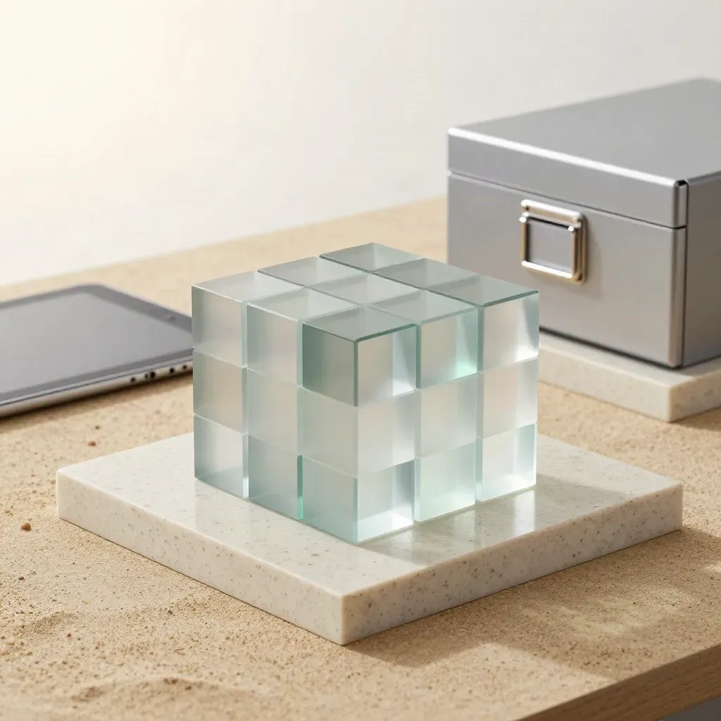 Glass cube valuation model aligned beside a face-down tablet and locked archive box on pale stone.