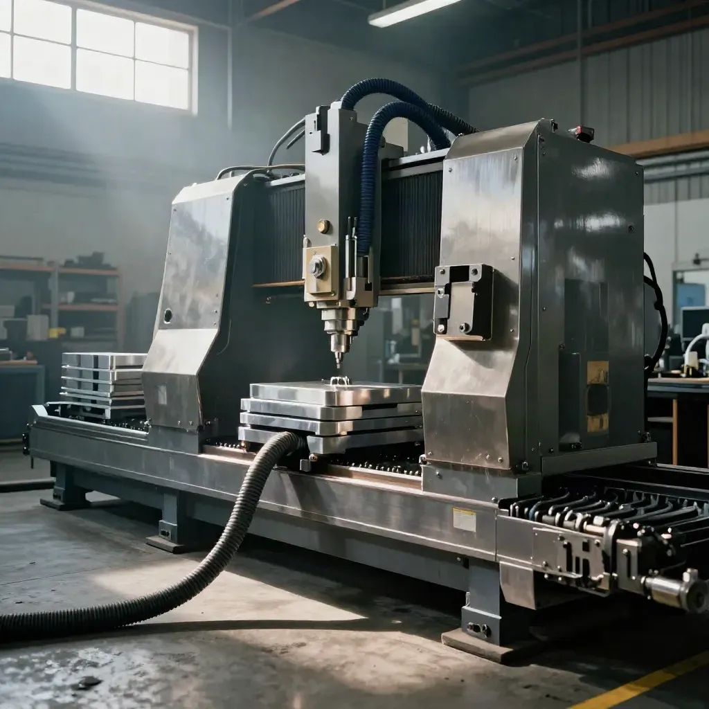 Commissioned CNC machine in a bright industrial bay with cabling and metal guards
