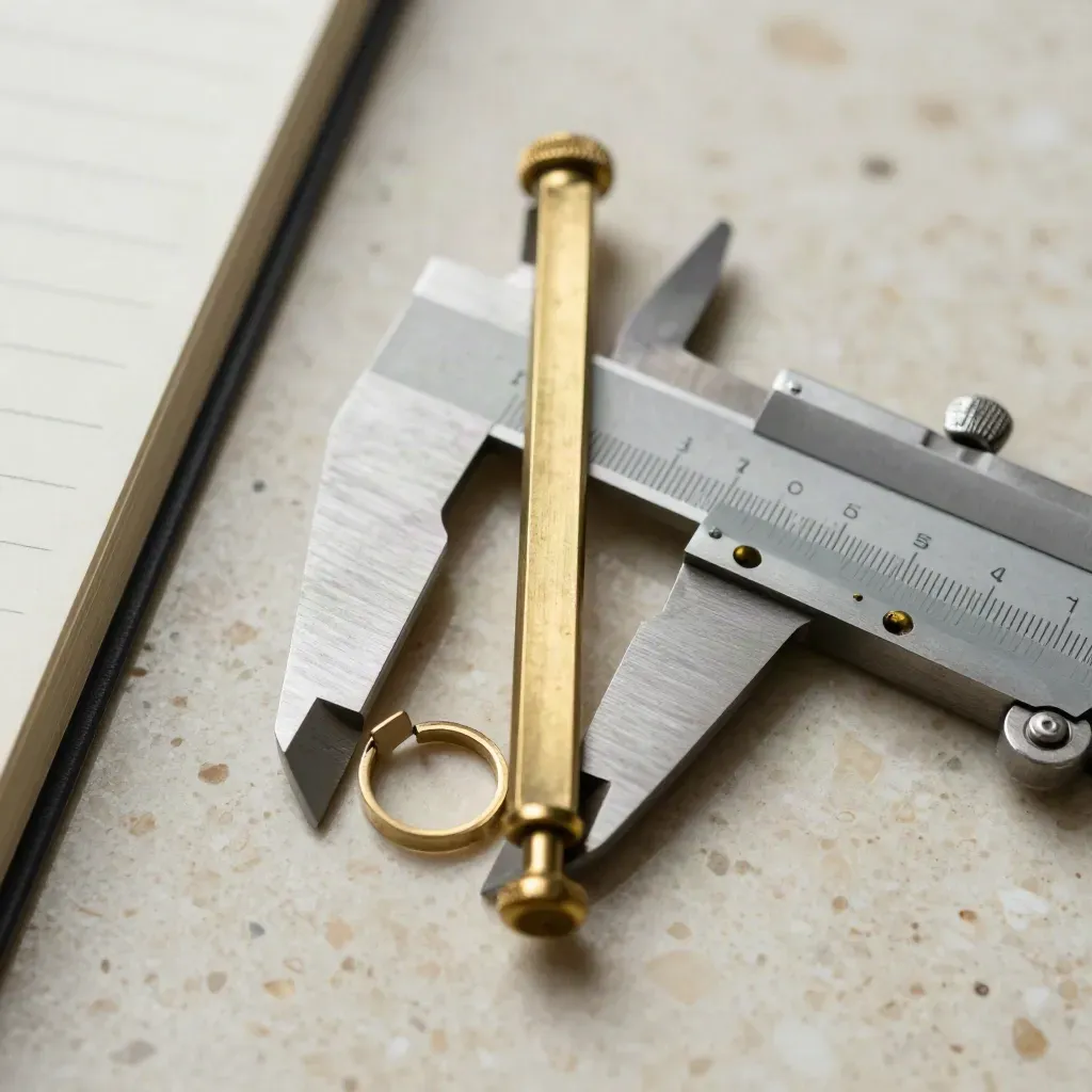 Extreme macro of a brass scale rider, valuation caliper and notebook edge on travertine.