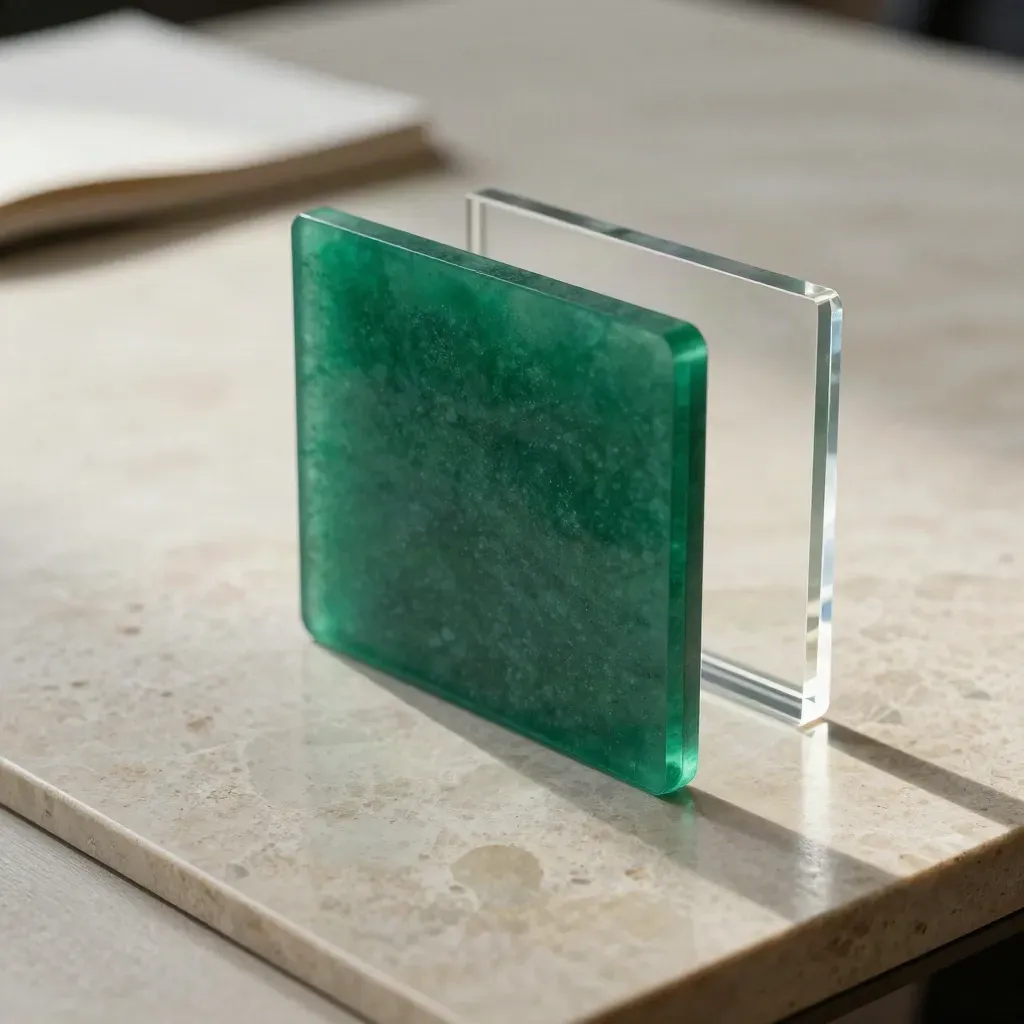 Emerald divider, stone paperweight, and acrylic block on a limestone conference surface.
