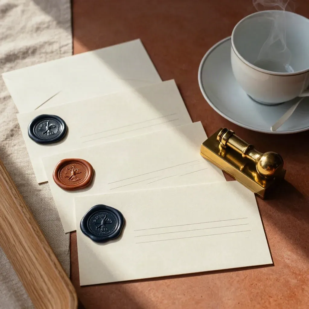 Top-down still life with wax seals, reply cards and a steaming porcelain cup.