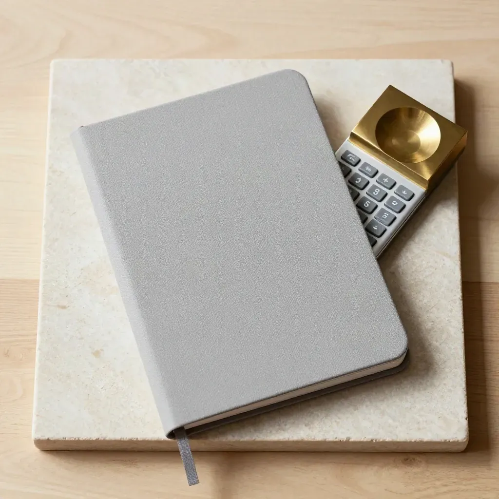 Overhead still life of a closed notebook, calculator and brass paperweight on a pale stone tray.
