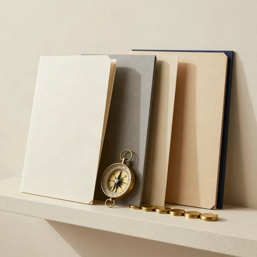Brass compass beside three blank folders and brass tokens on a pale plaster shelf