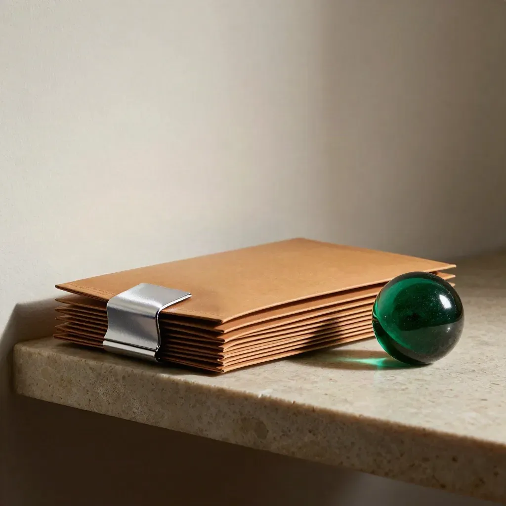 Sealed mailer wallets, metal clip and emerald glass paperweight on a stone shelf.