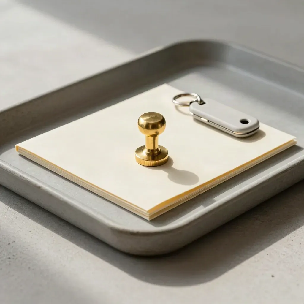 Brass seal, cream folder, and key fob on a stone tray with soft light.