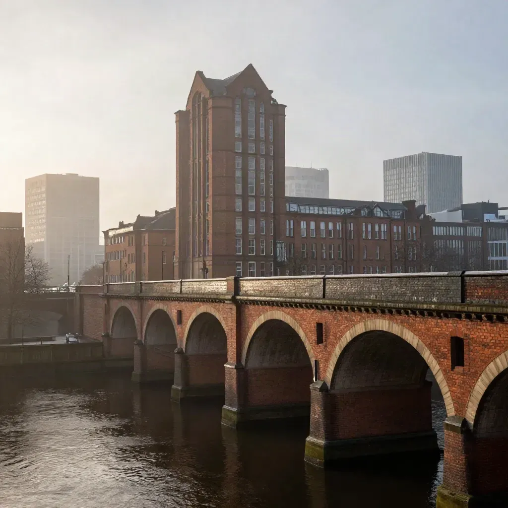 Manchester skyline above a rain-darkened viaduct and canal in soft morning mist.