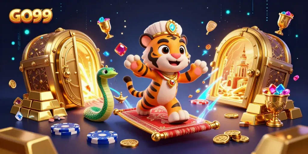 Engage with GO99's enchanting 3D illustration of casino riches and vibrant gaming elements.