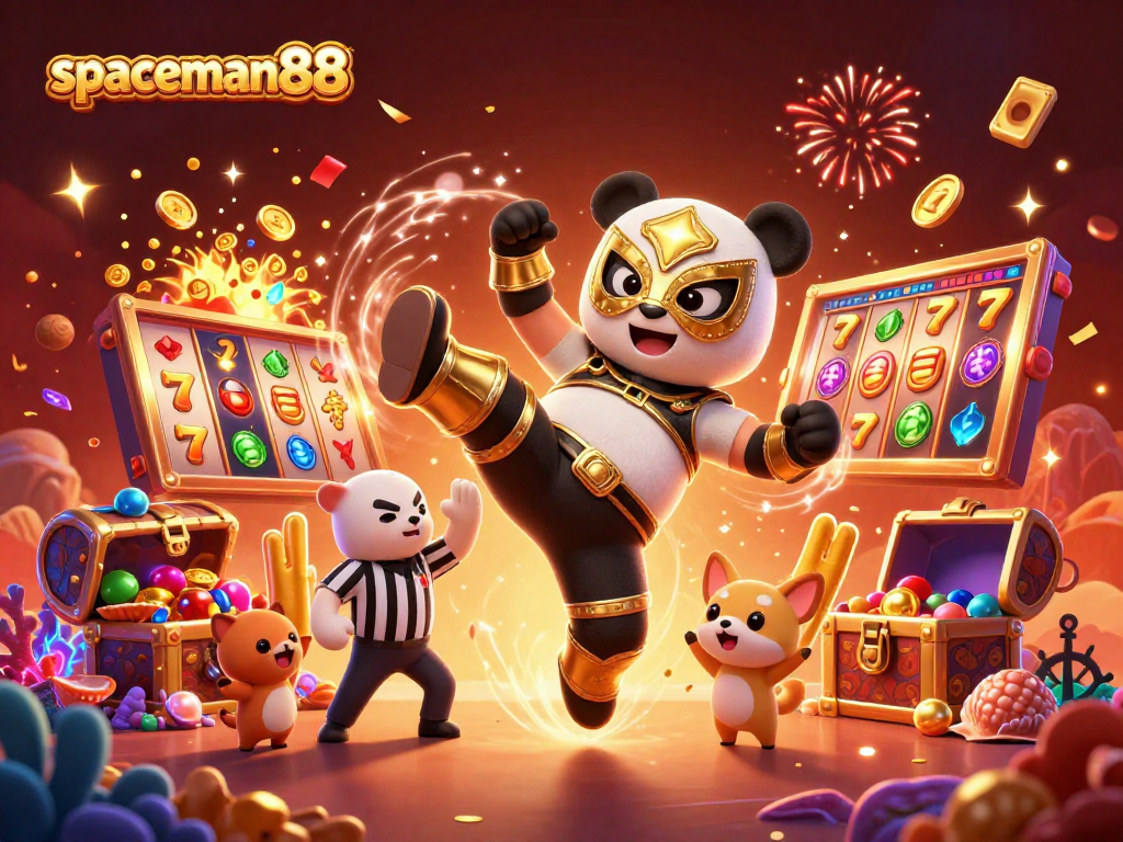 Experience thrilling slots with spaceman88 in an action-packed 3D casino illustration featuring animated characters.