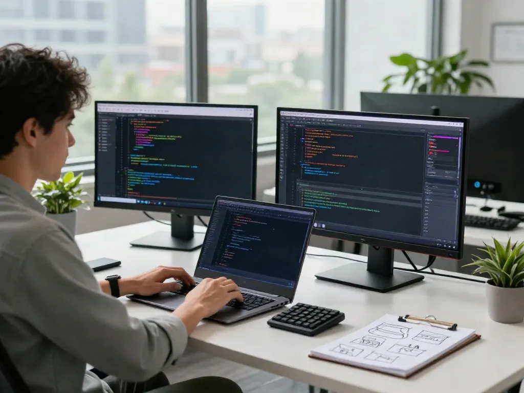 Developer in a modern workspace working on instant indexing software, with dual monitors showing code and brainstorming notes.