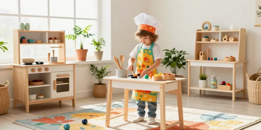 Child playing with a wooden kitchen set, surrounded by vibrant toys and natural light.