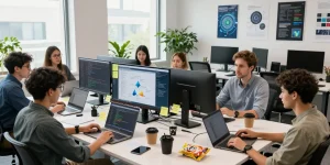 Developers collaborating on large language models in a vibrant tech workspace.