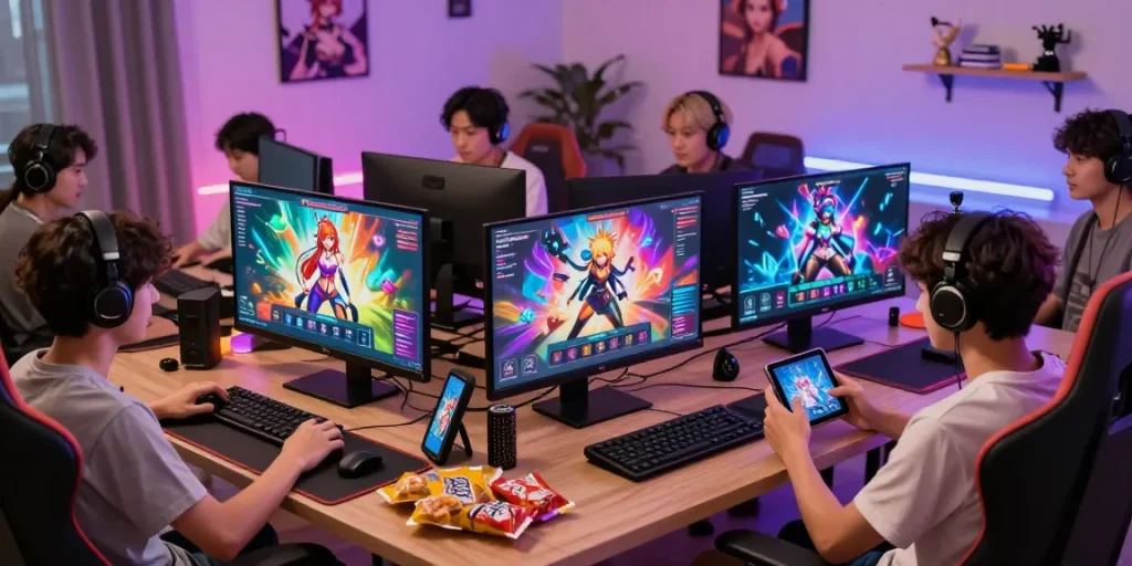 Players enjoying various online hentai games on different devices in an inviting gaming room setup, showcasing interactive elements.