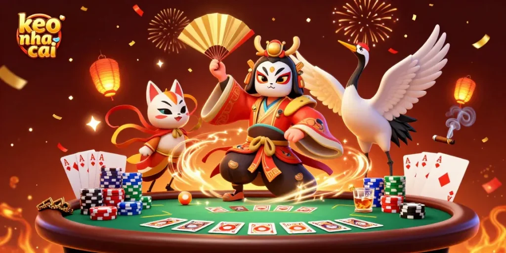 Engage with "keo nha cai" through a vibrant 3D casino scene featuring strategic poker gameplay.