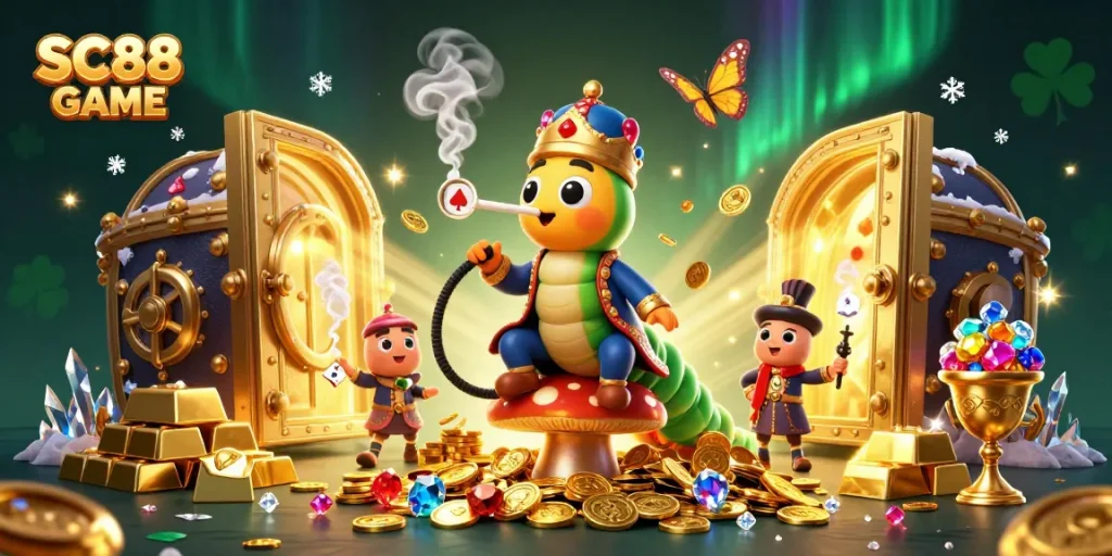 Spin and win with SC88 GAME in an ultra-detailed casino-themed 3D illustration featuring vibrant treasures and characters.