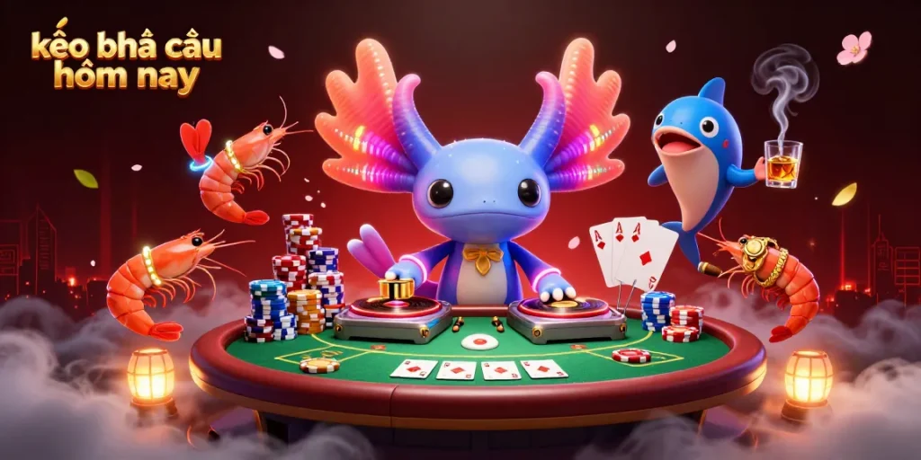 Engage with kèo nhà cái hôm nay at the neon club with vibrant, animated characters and poker elements.