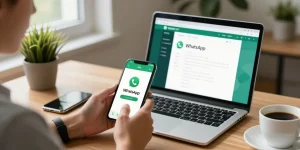 WhatsApp下載 on smartphone in a cozy home office highlighting user-friendly interface and connectivity.