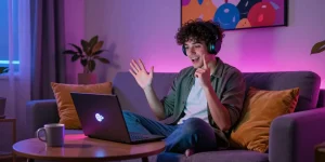 Engaging ai 18+ chat experience in a cozy home setting with vibrant lighting.