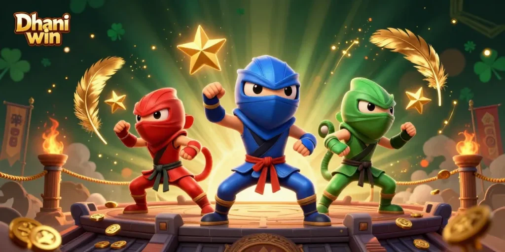 Dhani win showcases exciting chameleon ninjas in a dynamic casino rooftop battle, featuring playful betting tokens.