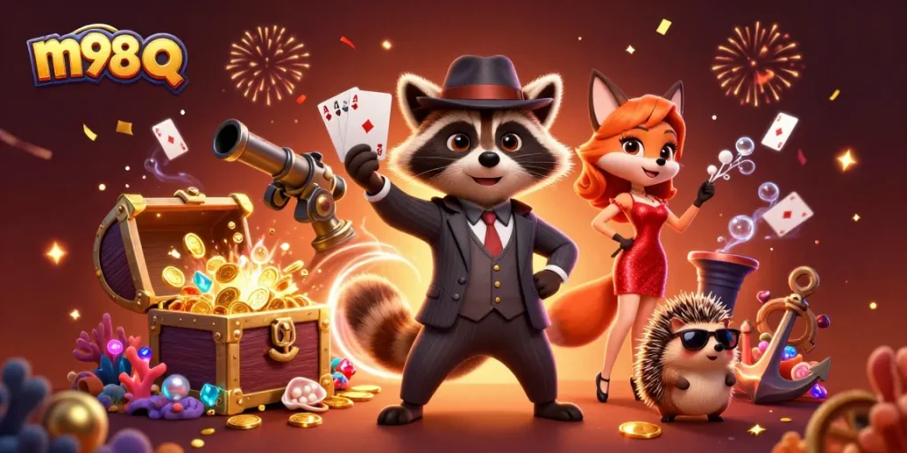 Experience the thrill of m98 q with a royal flush in a vibrant casino scene filled with treasures.