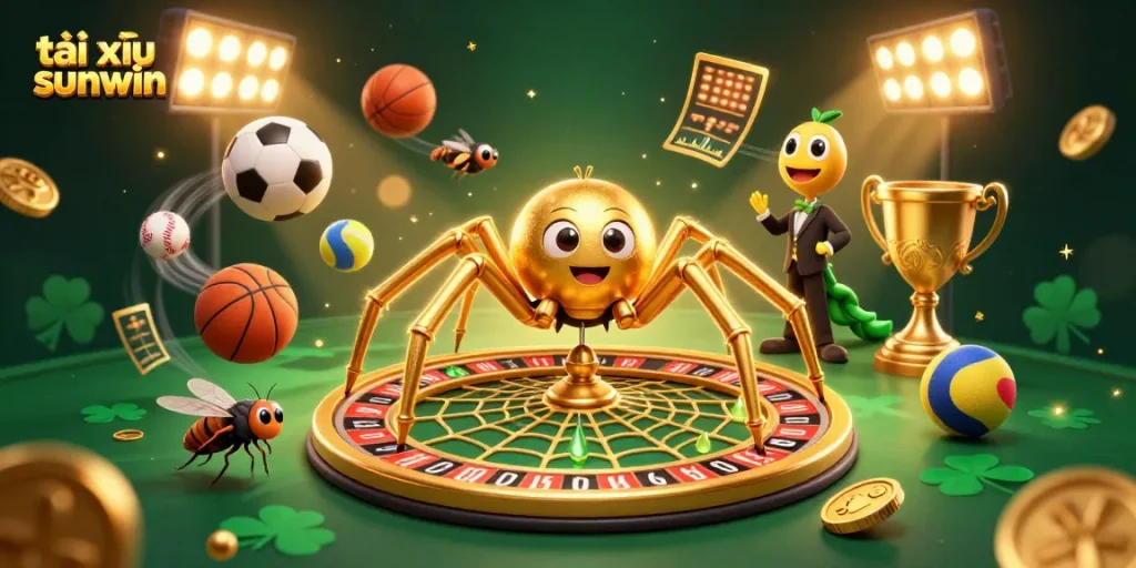 Engage in tài xỉu sunwin excitement with a high-stakes betting scene featuring a golden spider croupier.
