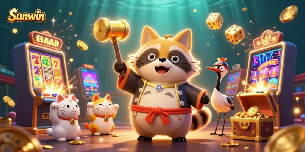 Play exciting casino games at Sunwin with vibrant characters and jackpot elements surrounding them.