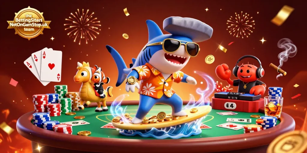 The BettingSitesNotOnGamStop.uk team enjoys a vibrant casino scene with colorful poker chips and energetic characters.