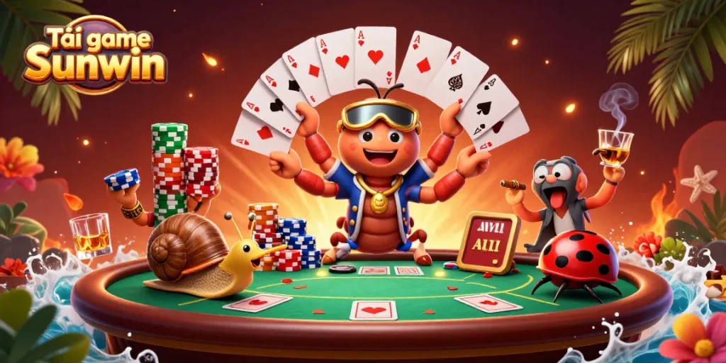 Engage in the thrilling action of Tải game Sunwin with a vibrant casino scene featuring dynamic characters and poker elements.