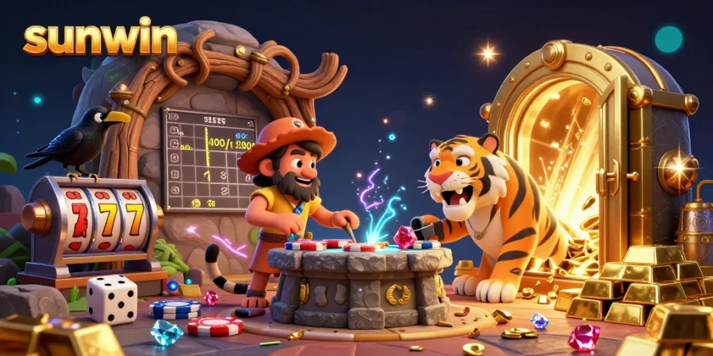 Experience thrilling gameplay at sunwin with this vibrant casino scene featuring prehistoric characters and dynamic elements.