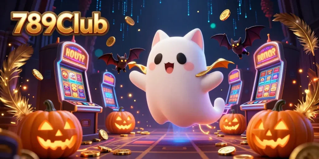 Experience thrilling gameplay at 789Club with friendly ghost cat, bat companion, and exciting casino elements.