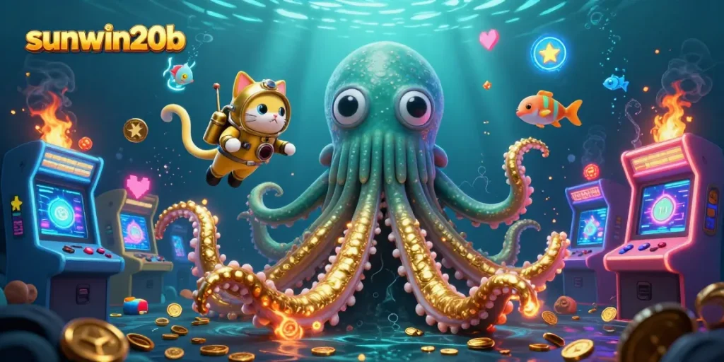 Experience thrilling gameplay at sunwin20b with a kraken and diving cat in a vibrant 3D casino scene.