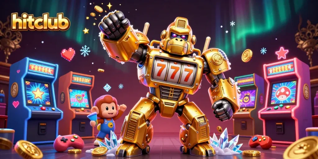 Hitclub's golden gorilla mech bursts coins in a vibrant casino scene filled with arcade elements.