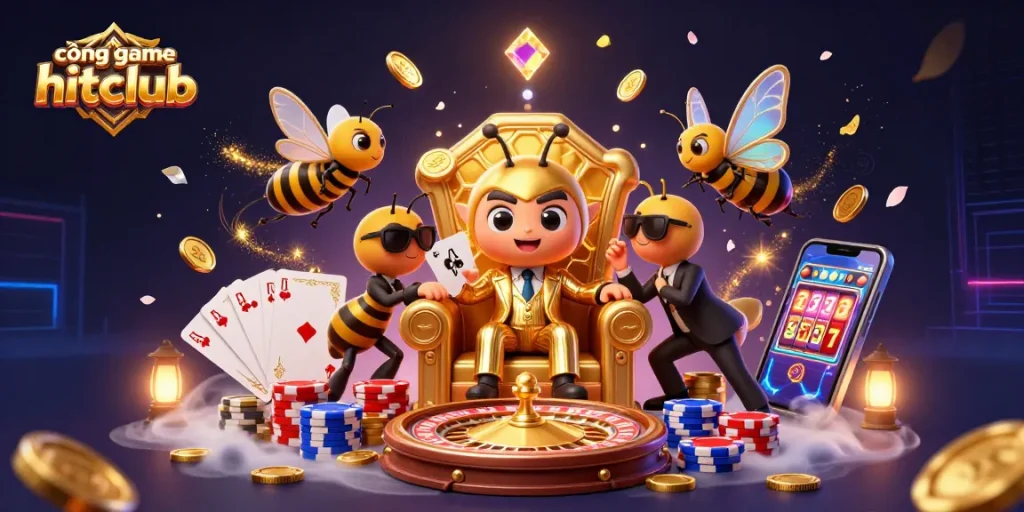 Engage with cổng game hitclub in a vibrant 3D casino scene featuring animated characters and dynamic game elements.