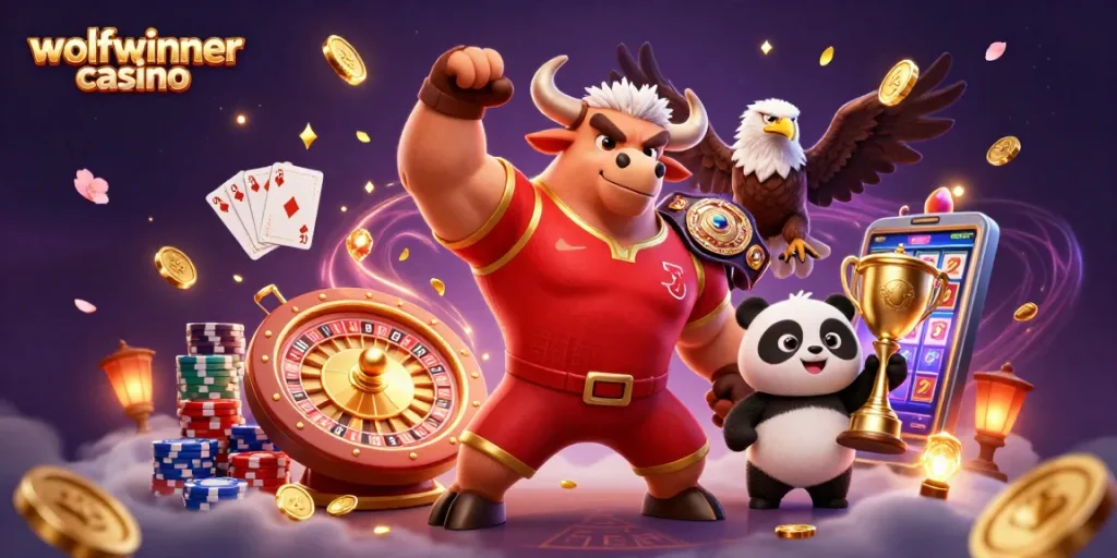 Win big at wolfwinner casino with a dynamic scene showcasing vibrant characters and thrilling casino elements.