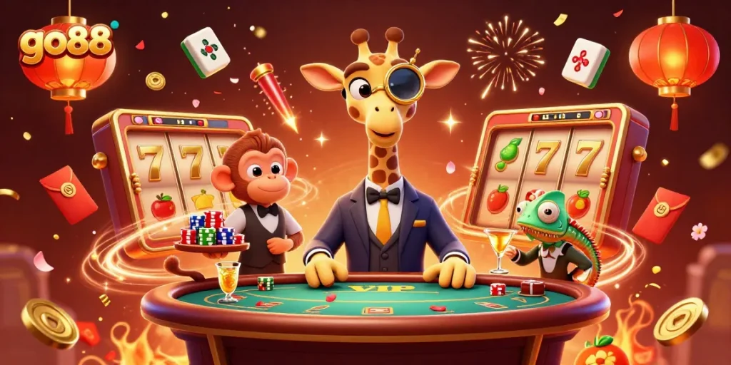 Experience thrilling gameplay at go88 with a lively scene featuring a giraffe and monkey at a casino table.